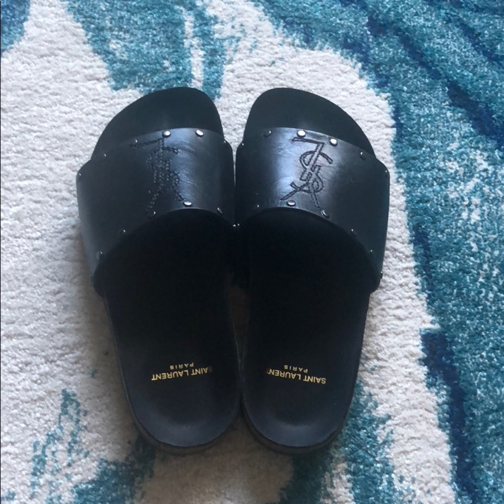 YSL Leather Jimmy Slides with Embroidered Logo.